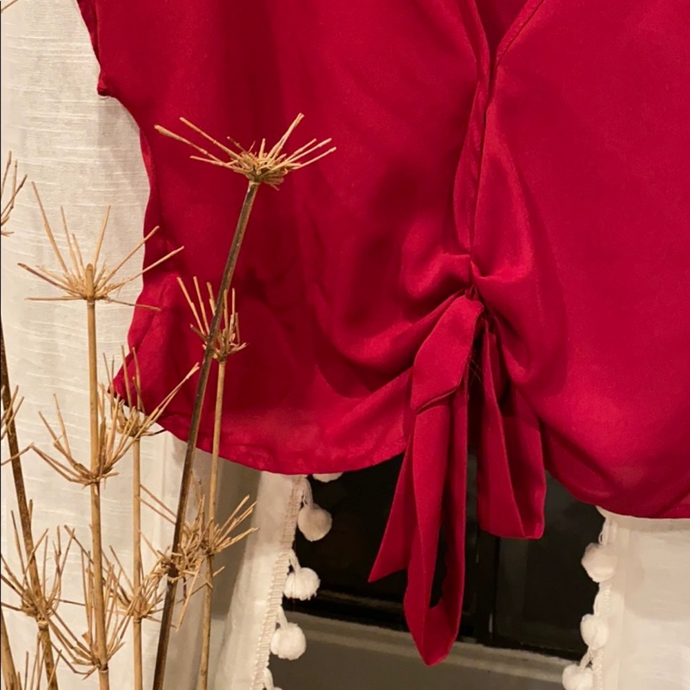 • Ruby Red • Romantic Plunging Crop Bow Blouse • - Picture 3 of 5